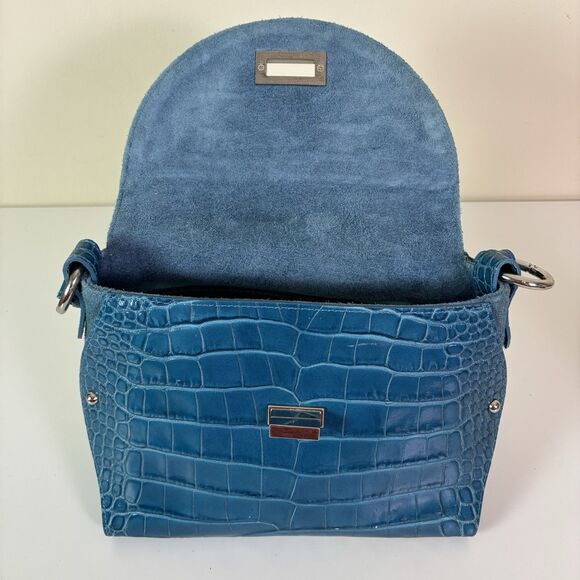 Claudia Firenze Teal Leather Croc-Embossed Handbag Rope Handle Chic Purse Italy - Picture 7 of 16